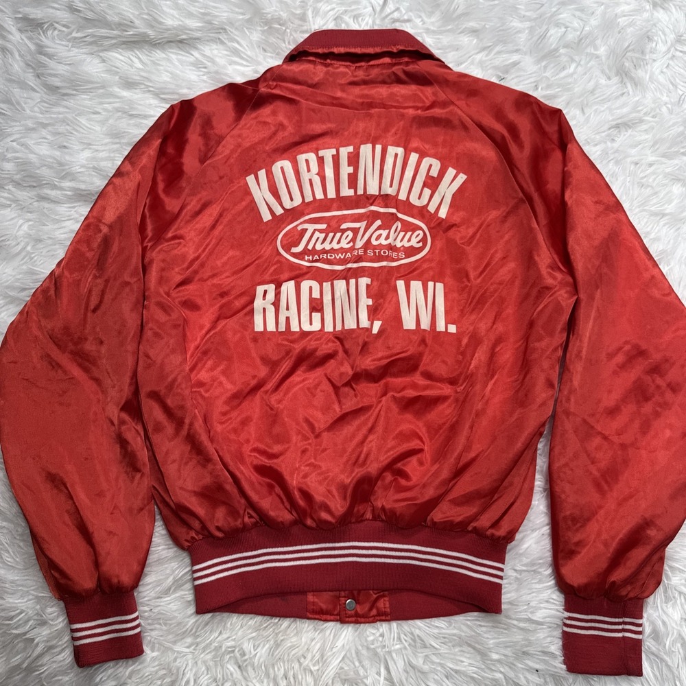 VTG 80s Satin Bomber Jacket Hardware‎ Store Racine Wisconsin Red Workwear Medium